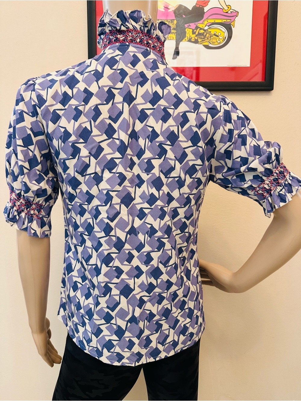 Blue Geometric Ruffle Collar Blouse - Picture 5 of 14